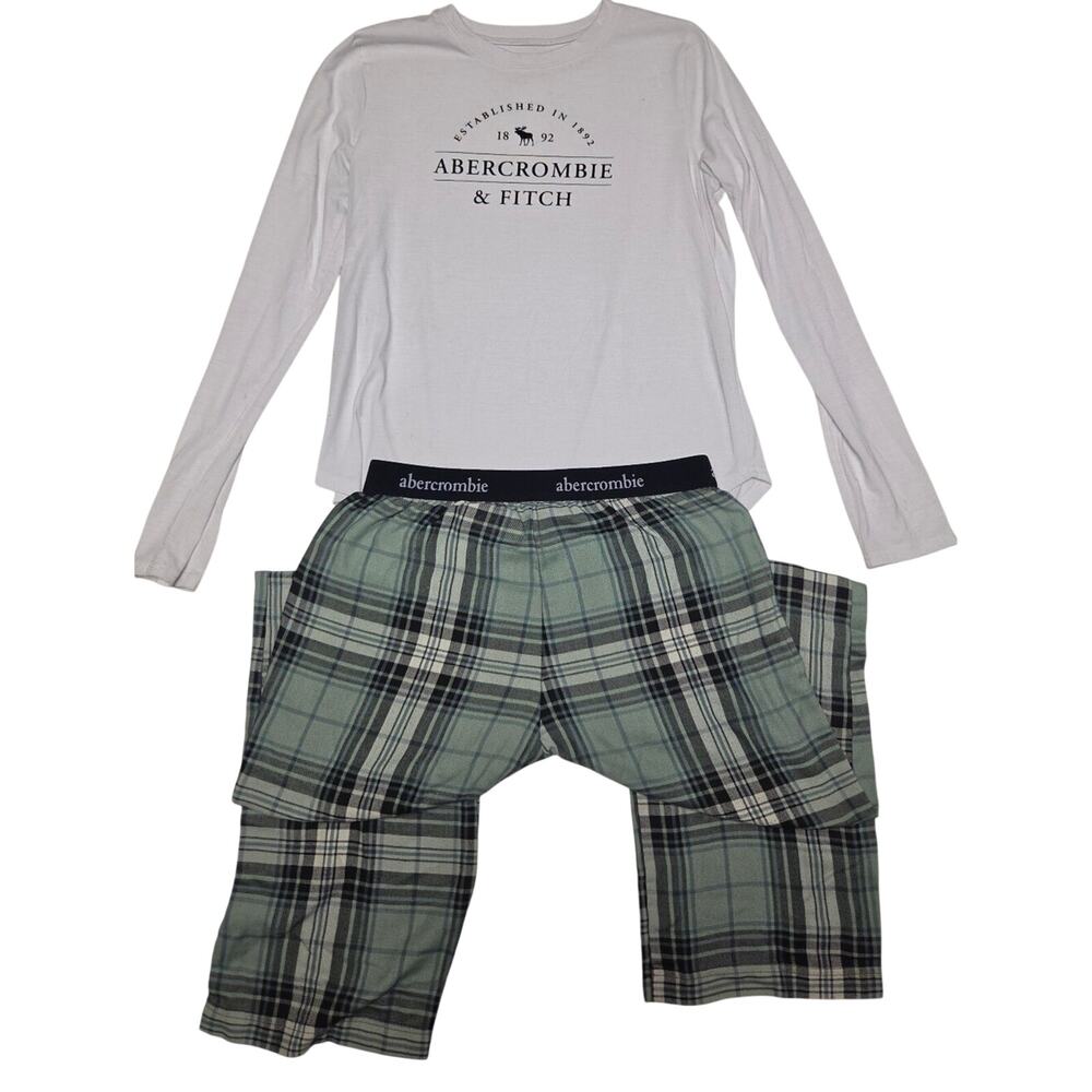 abercrombie kids 2-Piece Pajama Set White Long Sleeve Plaid Pants Size 15/16